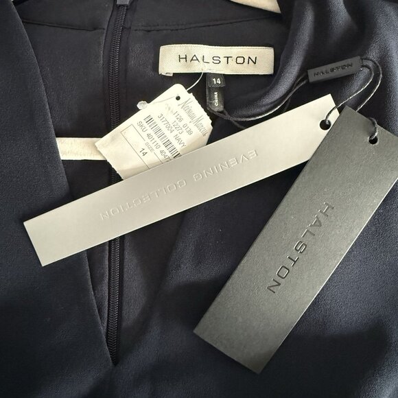 Halston Flounce Sleeve Crepe Gown Dress Maxi Navy Blue Size 14 Retail $425 - Picture 8 of 11